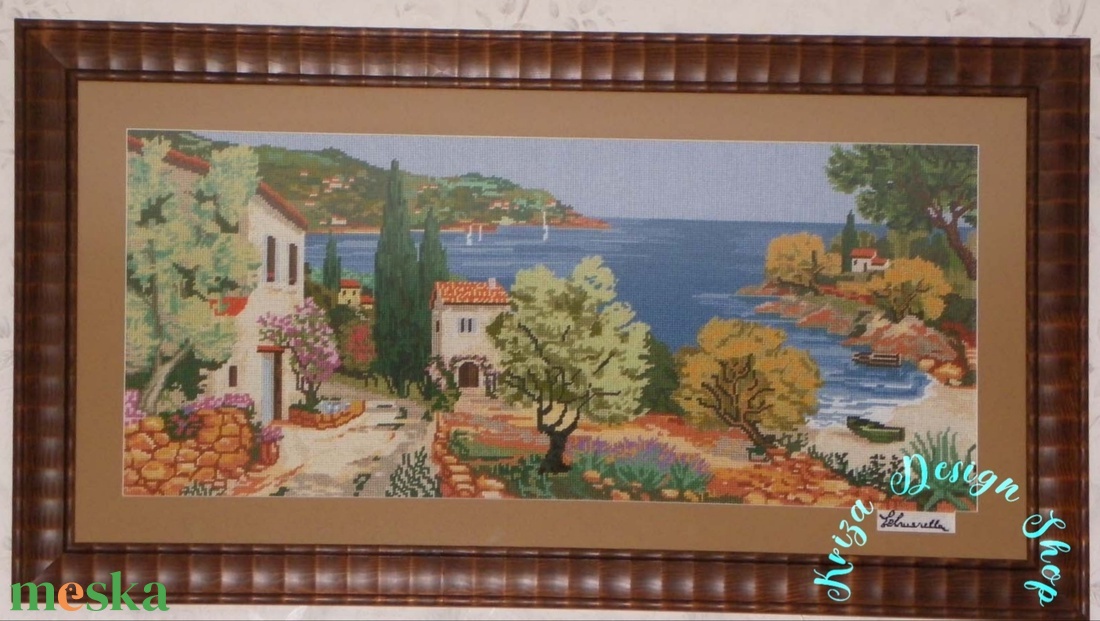 Kézzel hímzett gobelin kép - Mediterrán panoráma tájkép - művészet - textilkép - gobelin - Meska.hu