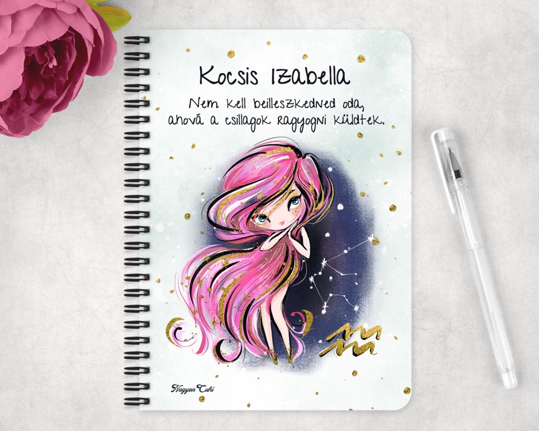 Személyre szabható - Rózsaszín hajú Csini Vízöntő lány mintás A5-ös füzet - otthon & életmód - papír, írószer - jegyzetfüzet & napló - Meska.hu