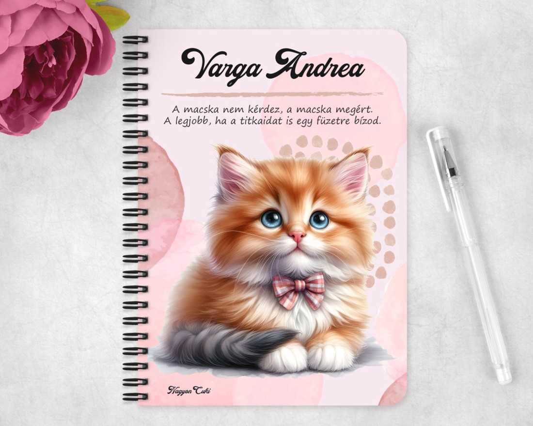 Személyre szabható - Masnis tündéri cica mintás A6-os füzet - otthon & életmód - papír, írószer - jegyzetfüzet & napló - Meska.hu