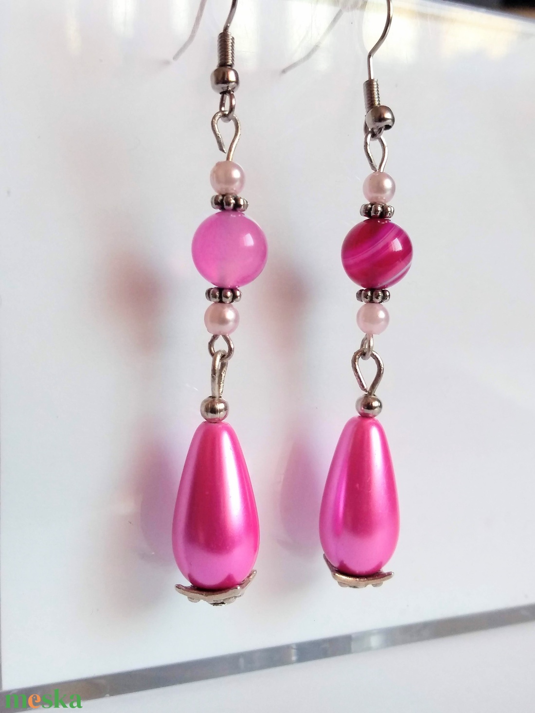 Pink achát gyöngyös fülbevaló - ékszer - fülbevaló - lógó fülbevaló - Meska.hu Pink achát gyöngyös fülbevaló - ékszer - fülbevaló - lógó fülbevaló - Meska.hu
