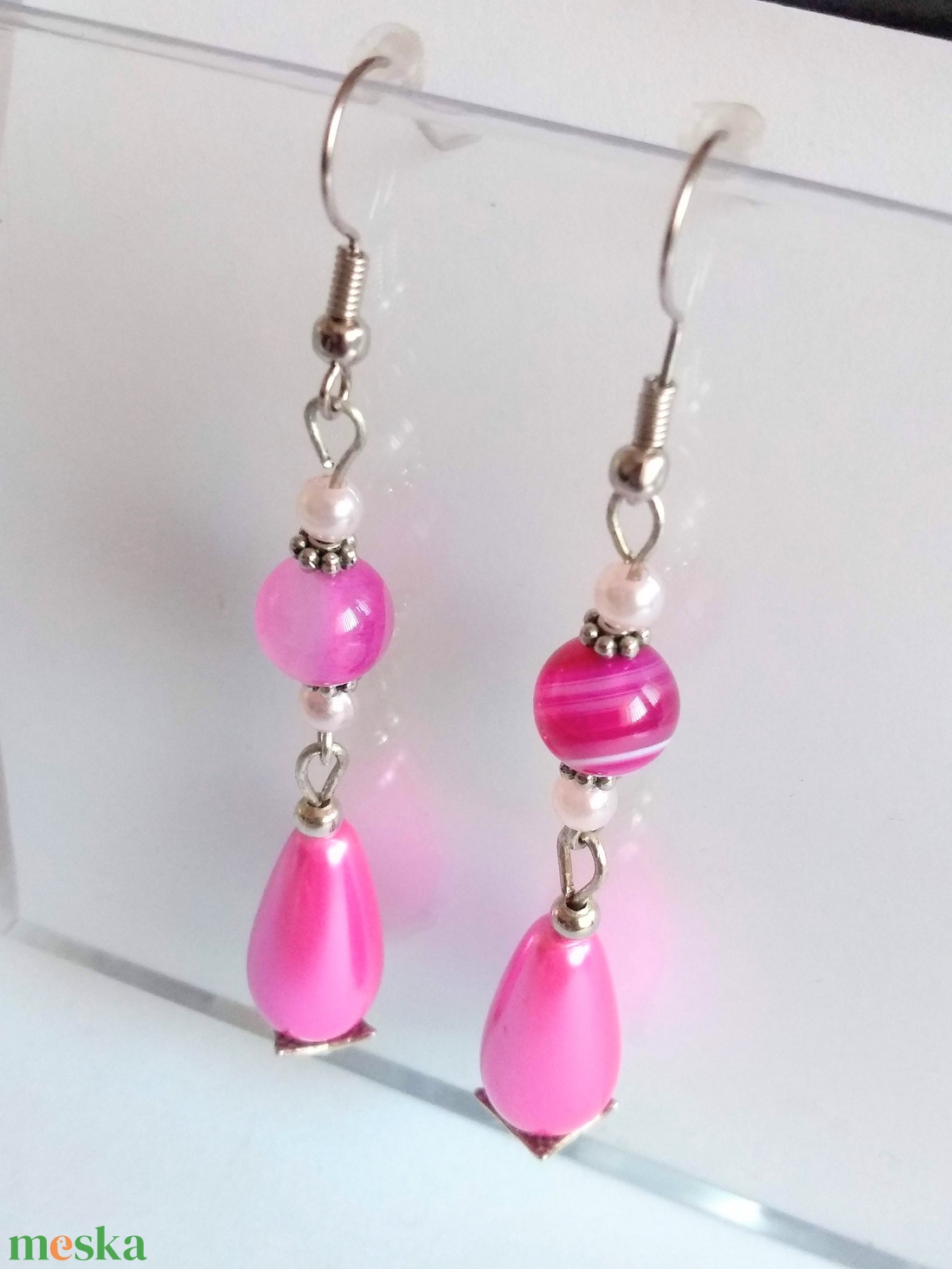 Pink achát gyöngyös fülbevaló - ékszer - fülbevaló - lógó fülbevaló - Meska.hu Pink achát gyöngyös fülbevaló - ékszer - fülbevaló - lógó fülbevaló - Meska.hu