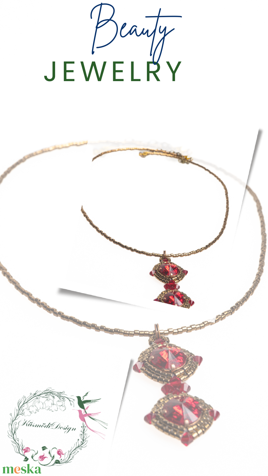 Diána nyaklánc- Swarovski piros, arany - ékszer - nyaklánc - medálos nyaklánc - Meska.hu