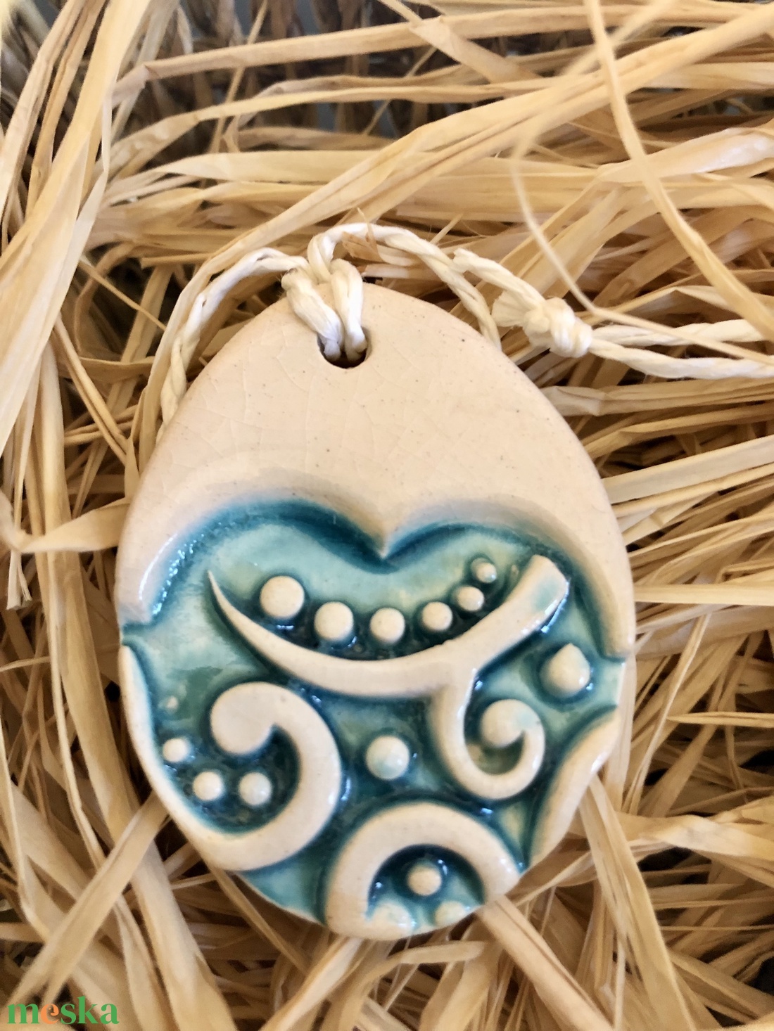 Fehér-Türkiz Húsvéti kerámia függő dísz - esküvő - dekoráció - asztaldísz - Meska.hu