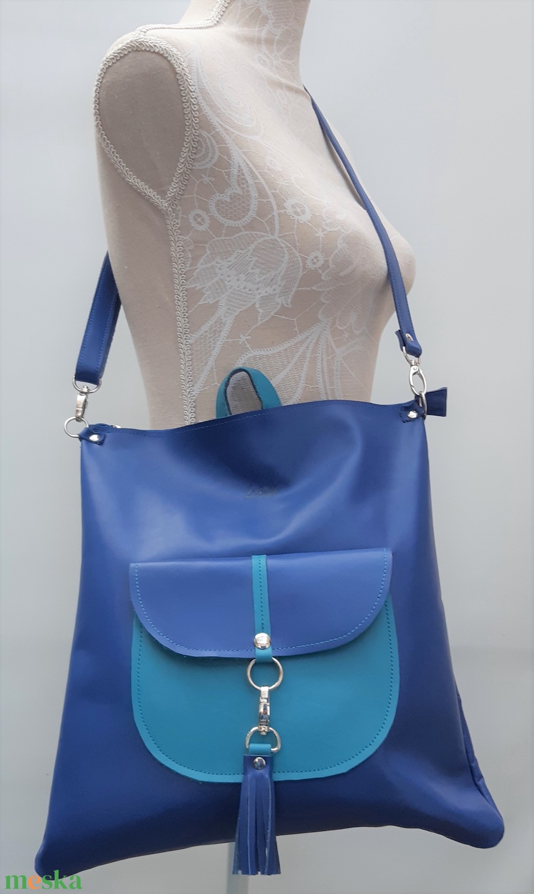 Királykék-türkiz bőr válltáska és hátizsák tárcával City M 012 - táska & tok - variálható táska - Meska.hu