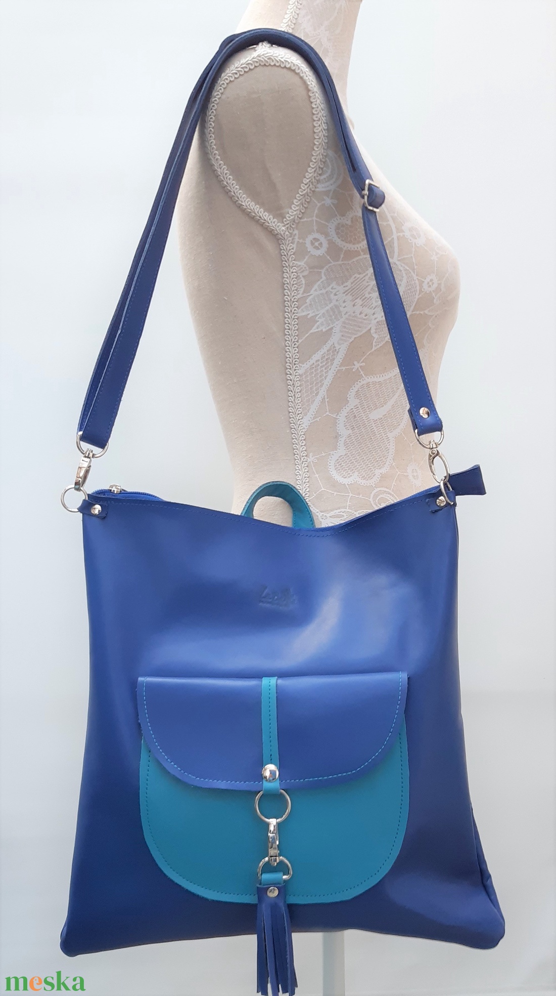 Királykék-türkiz bőr válltáska és hátizsák tárcával City M 012 - táska & tok - variálható táska - Meska.hu