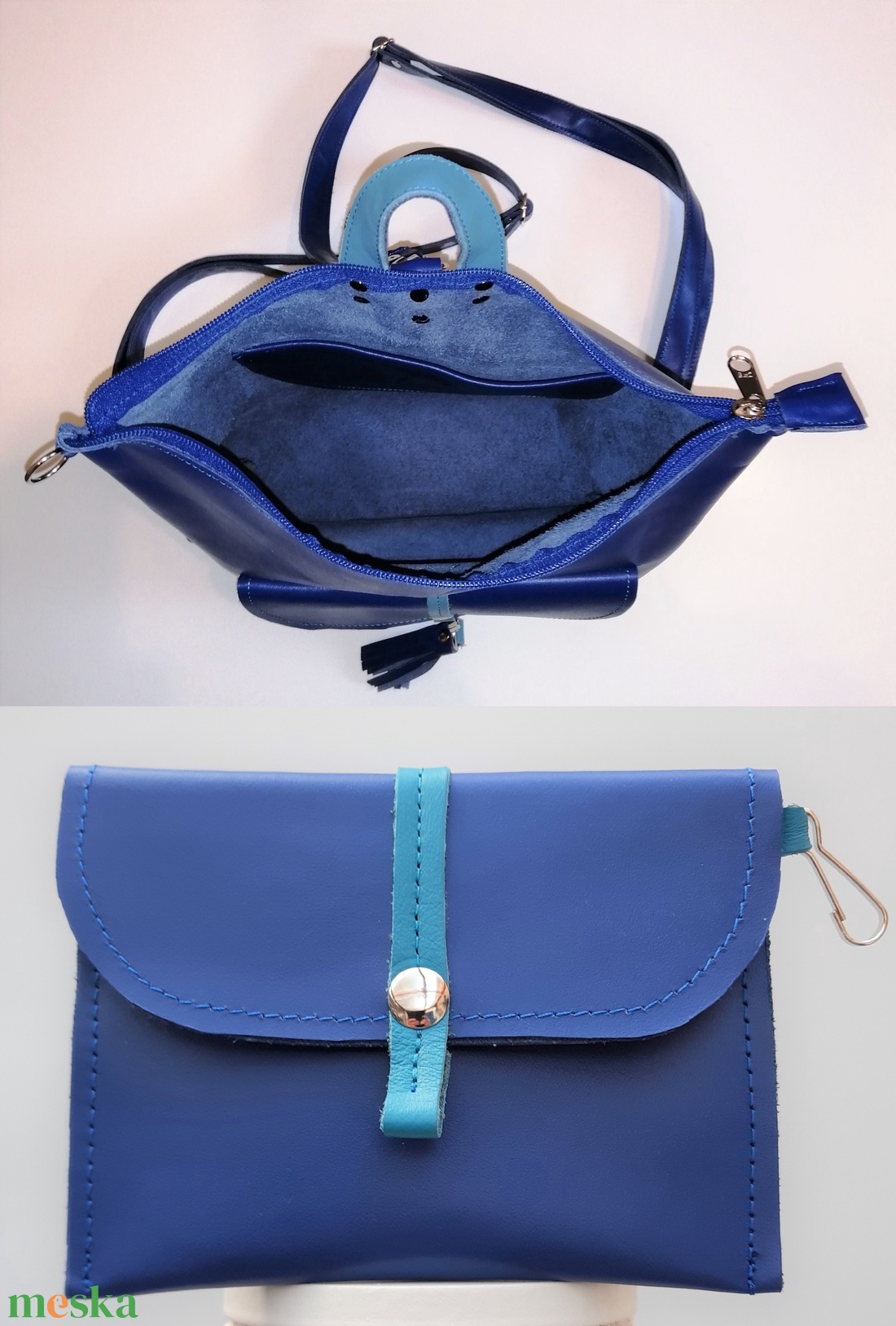 Királykék-türkiz bőr válltáska és hátizsák tárcával City M 012 - táska & tok - variálható táska - Meska.hu
