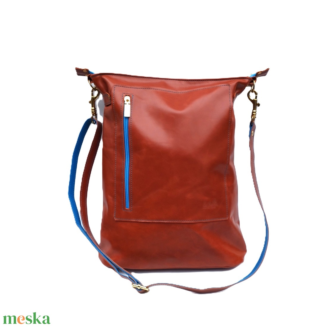 Konyakbarna bőr válltáska kék részletekkel City M 038 - táska & tok - variálható táska - Meska.hu