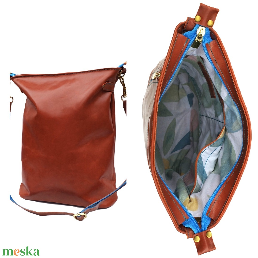 Konyakbarna bőr válltáska kék részletekkel City M 038 - táska & tok - variálható táska - Meska.hu