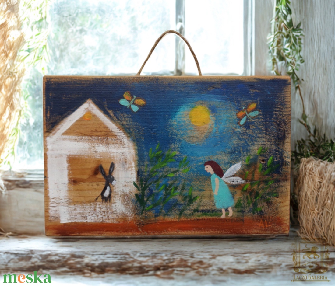 Kiscsacsi és lepketánc - Rusztikus Festett Fatábla - Falra akasztható - Karácsonyi Ajándék ötlet - Angyal, Gyerekszoba - otthon & életmód - dekoráció - fali és függő dekoráció - függődísz - Meska.hu