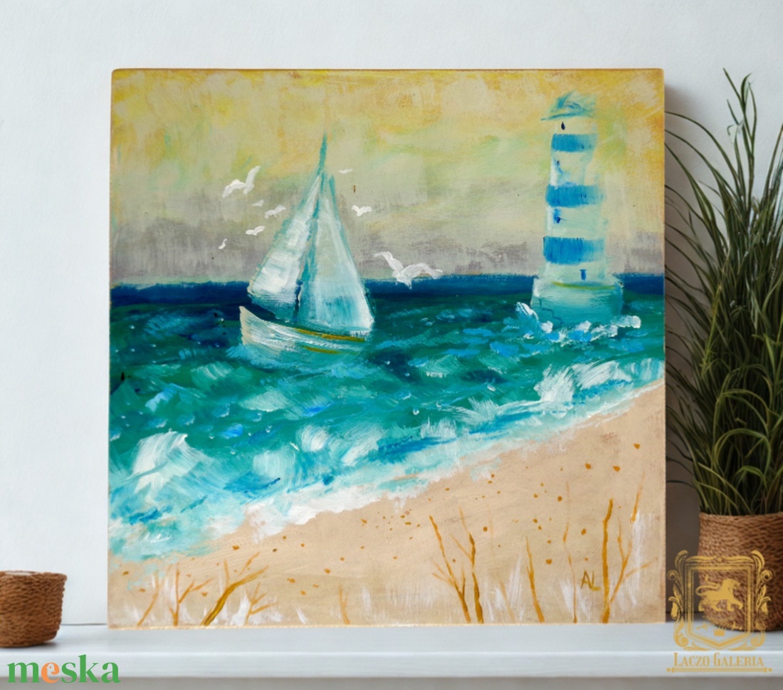 Vitorlás, Sirályok, Világítótorony - Laczó Ágnes kortárs festő/grafikus művész  - művészet - festmény - akril - Meska.hu