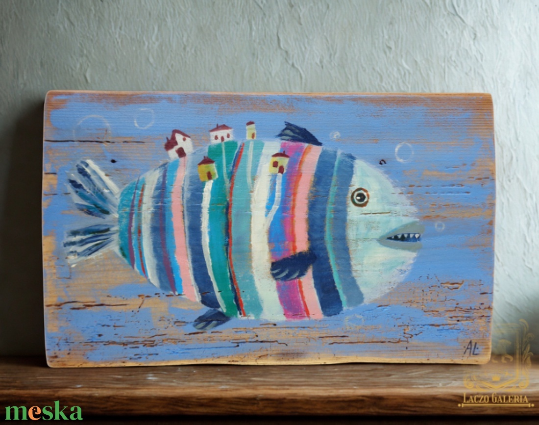 Halacska hátán házikók - Rusztikus Fatábla, Ajándék ötlet, Gyerekszoba, Egyedi Falikép - otthon & életmód - dekoráció - fali és függő dekoráció - falra akasztható dekor - Meska.hu