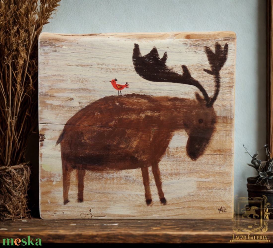 Jávorszky - Rusztikus Festett Fatábla - Falra akasztható - Ajándék ötlet - Szarvas, Jávorszarvas, Kismadár - otthon & életmód - dekoráció - fali és függő dekoráció - falra akasztható dekor - Meska.hu