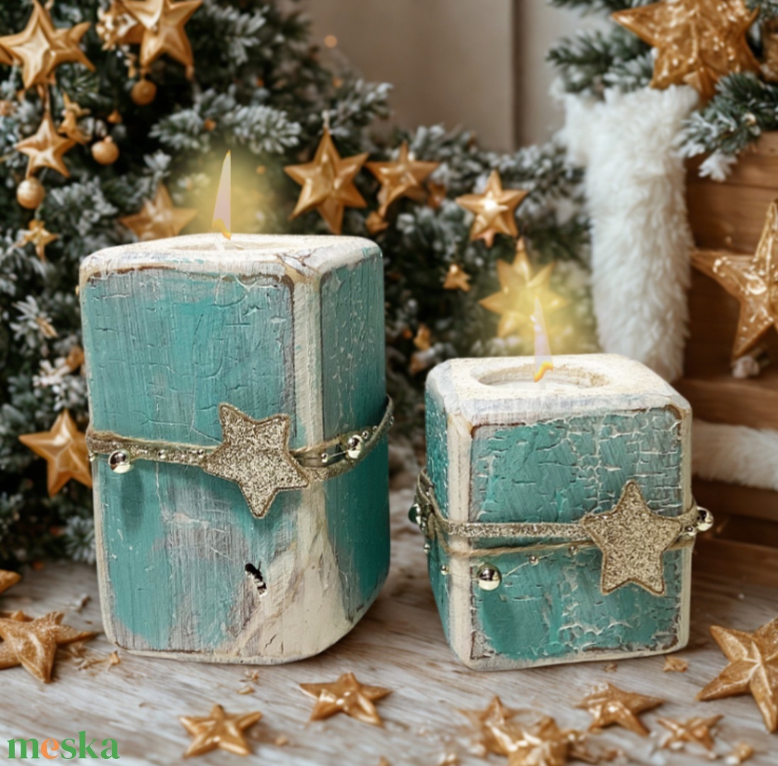 Rusztikus Fa Mécsestartó - 2 db. - Ajándék ötlet - Fehér, Arany, Türkiz - otthon & életmód - dekoráció - fali és függő dekoráció - függődísz - Meska.hu