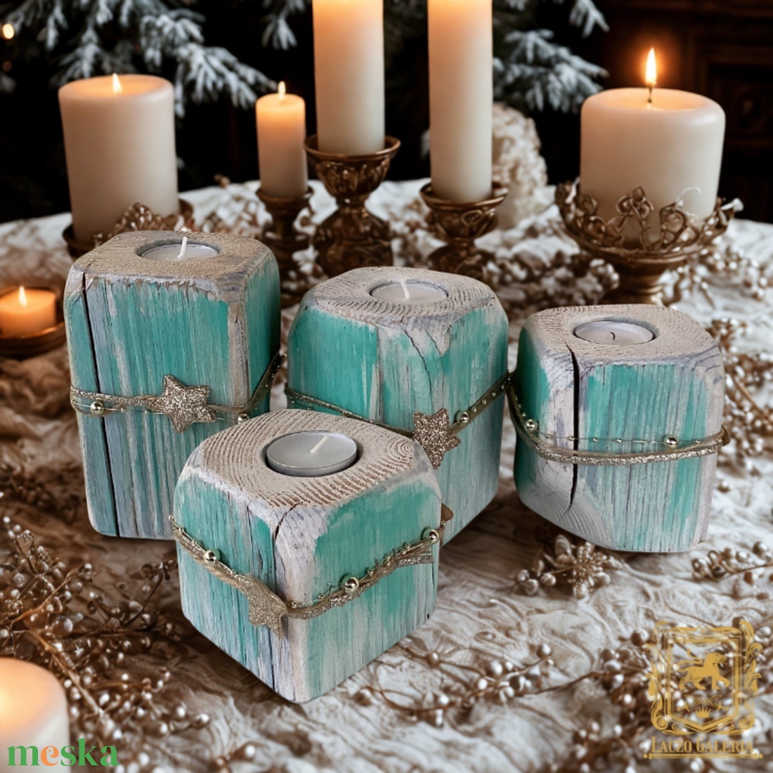 Rusztikus Fa Mécsestartó - 4 db. - Adventi - Ajándék ötlet - Fehér, Türkiz - otthon & életmód - dekoráció - fali és függő dekoráció - függődísz - Meska.hu