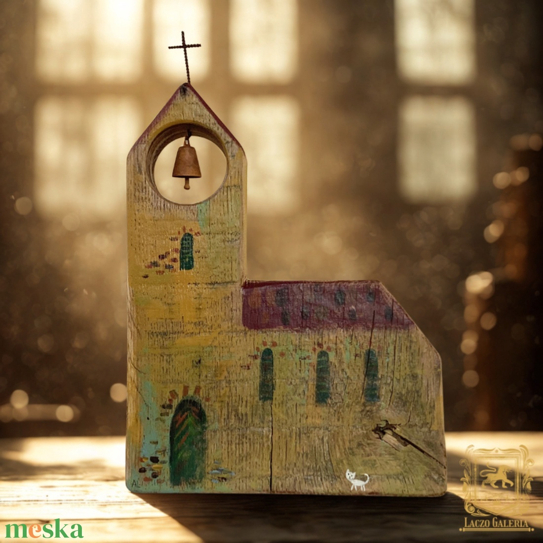 Templom fehér cicával - Antik tölgyfa - Egyedi dekoráció, ajándék ötlet, Gyerekszoba, Karácsony, Kiscica, Harang - otthon & életmód - dekoráció - fali és függő dekoráció - falra akasztható dekor - Meska.hu