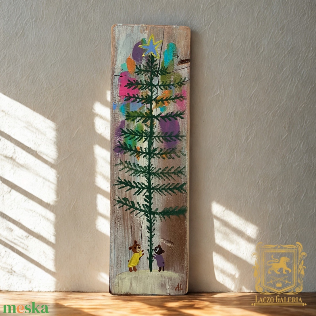 Ünnepre készülődés - Rusztikus Festett Fatábla - Falra akasztható - Ajándék ötlet - Karácsonyfa - Karácsony - Mackó - otthon & életmód - dekoráció - fali és függő dekoráció - falra akasztható dekor - Meska.hu