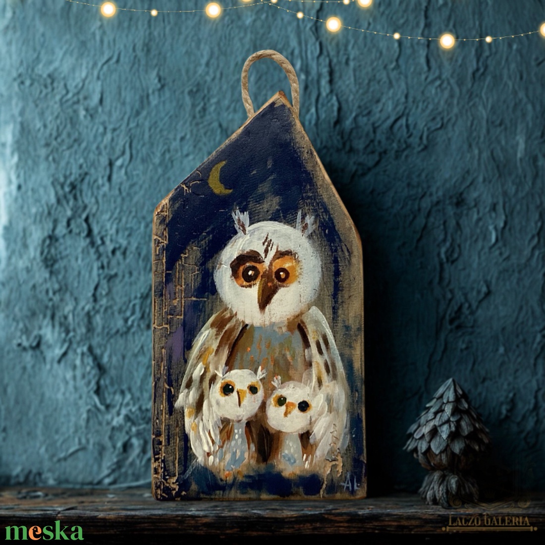 Bagoly mama kicsikkel - Rusztikus Festett Fatábla - Falra akasztható - Ajándék ötlet - Gyerekszoba, Karácsony - otthon & életmód - dekoráció - fali és függő dekoráció - függődísz - Meska.hu