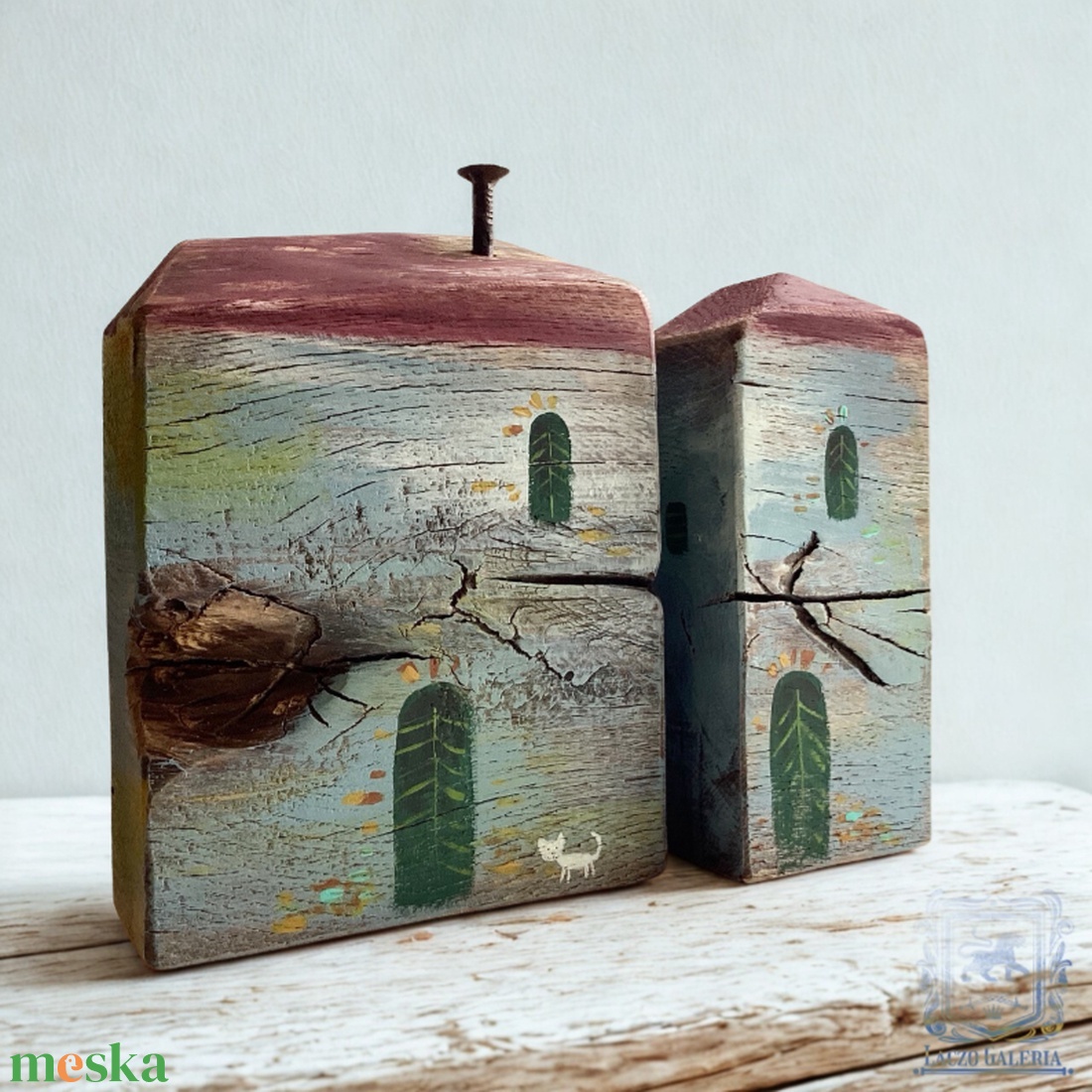 Könyvtámasz - Tölgyfa - Polc dísz, Faházikó - Ajándék ötlet, Rusztikus Dekoráció, Ház, Házikó, Cica, Macska, 1 pár - otthon & életmód - dekoráció - fali és függő dekoráció - falra akasztható dekor - Meska.hu