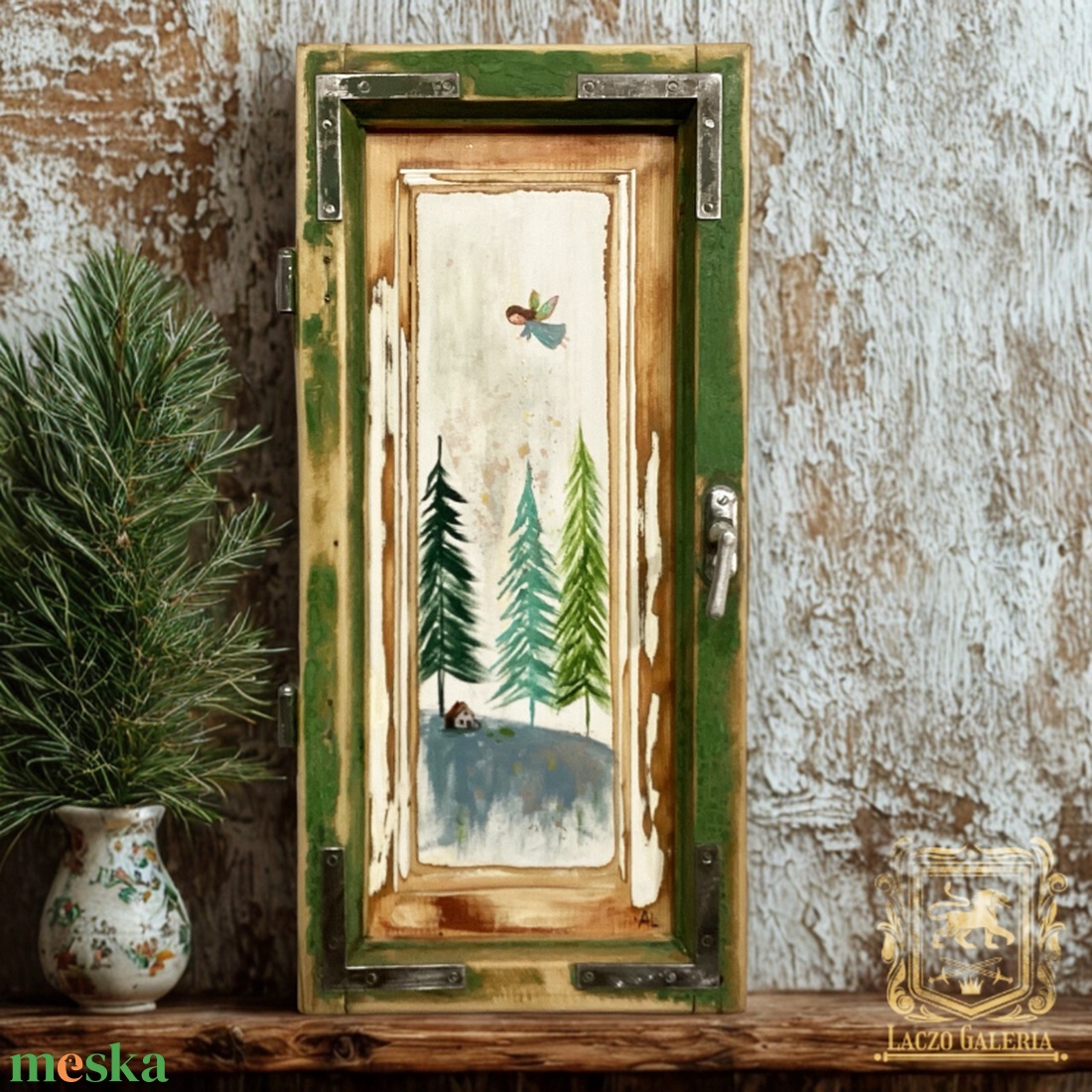 Fenyők felett Angyalka - Ajándék ötlet, Rusztikus Dekoráció,  Fatábla, Ablak, Havas, Tél, Fenyőfa, Gyerekszoba - otthon & életmód - dekoráció - fali és függő dekoráció - falra akasztható dekor - Meska.hu