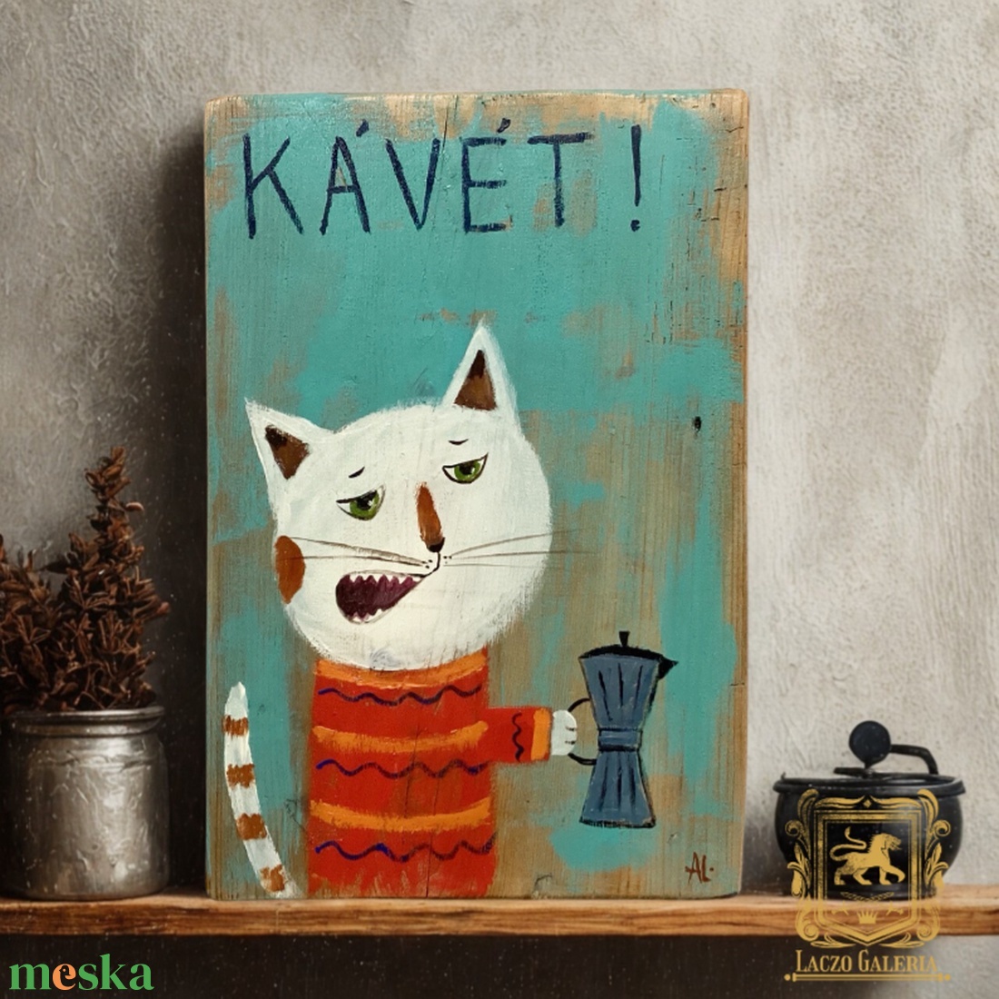 Kávét! - Rusztikus Fatábla, Vicces Ajándék ötlet - Egyedi Falidísz, Konyha, Macska, Cica - otthon & életmód - dekoráció - fali és függő dekoráció - falra akasztható dekor - Meska.hu