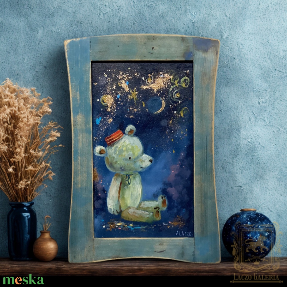 A csillagokat számláló kismaci - Ajándék ötlet, Eredeti Laczó Ágnes festmény rusztikus fa keretben - Akril - Gyerekszoba - otthon & életmód - dekoráció - fali és függő dekoráció - falra akasztható dekor - Meska.hu