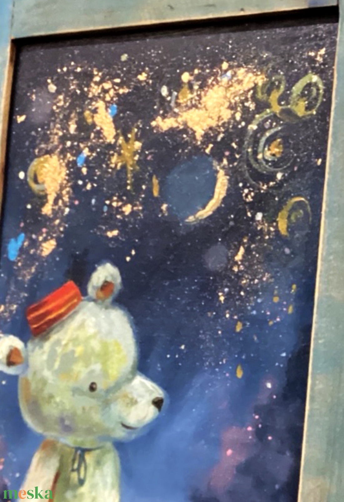 A csillagokat számláló kismaci - Ajándék ötlet, Eredeti Laczó Ágnes festmény rusztikus fa keretben - Akril - Gyerekszoba - otthon & életmód - dekoráció - fali és függő dekoráció - falra akasztható dekor - Meska.hu