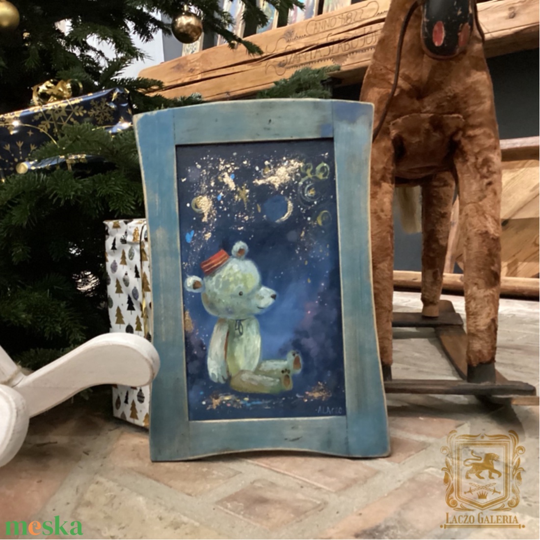 A csillagokat számláló kismaci - Ajándék ötlet, Eredeti Laczó Ágnes festmény rusztikus fa keretben - Akril - Gyerekszoba - otthon & életmód - dekoráció - fali és függő dekoráció - falra akasztható dekor - Meska.hu