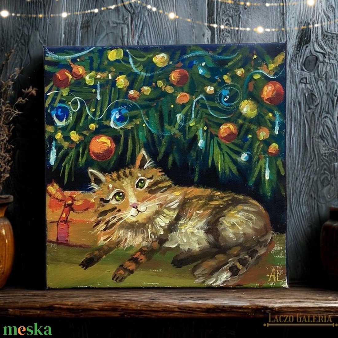 Karácsonyi macska cicó  - Eredeti Akril Festmény Vásznon - Laczó Ágnes kortárs festő/grafikus művész - Macska, Cica - művészet - festmény - akril - Meska.hu