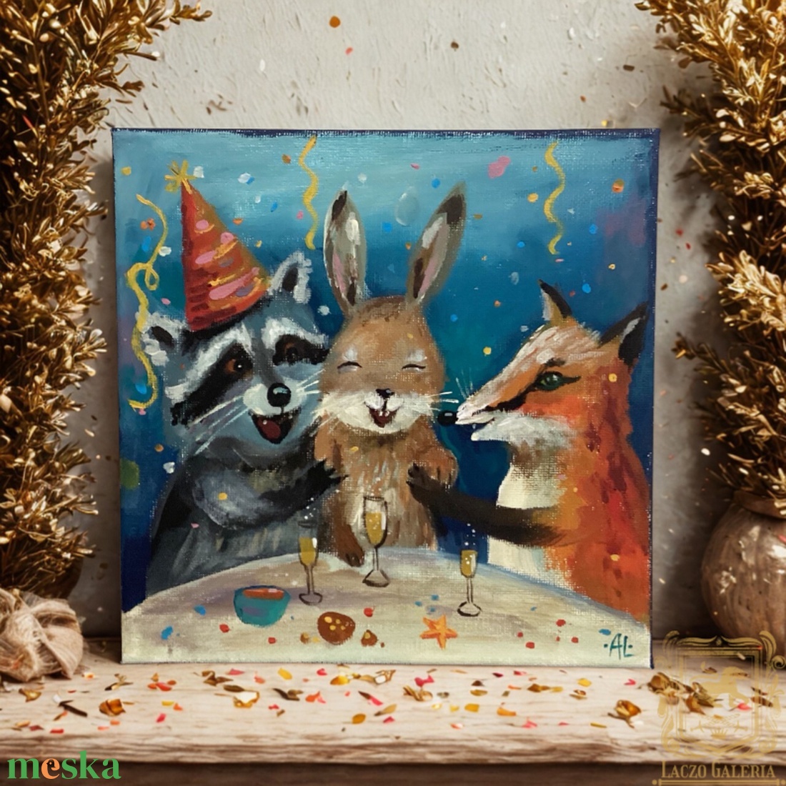 Party  - Eredeti Akril Festmény Vásznon - Laczó Ágnes kortárs festő/grafikus művész - Róka, Nyuszi, Mosómedve - művészet - festmény - akril - Meska.hu