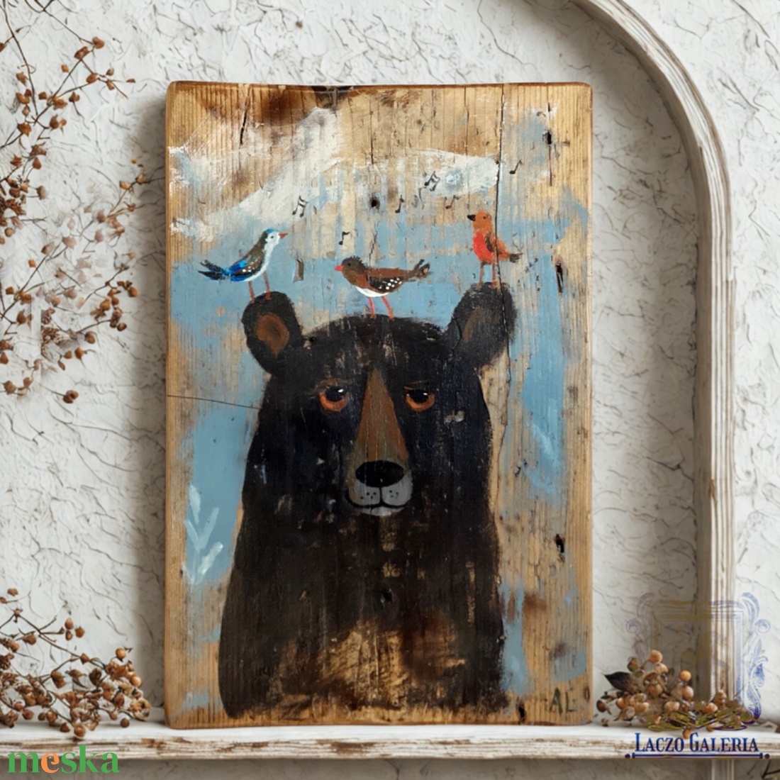 Itt a tavasz - Rusztikus Fatábla, Ajándék ötlet - Egyedi Falidísz, Medve, Mackó, Madarak - otthon & életmód - dekoráció - fali és függő dekoráció - falra akasztható dekor - Meska.hu