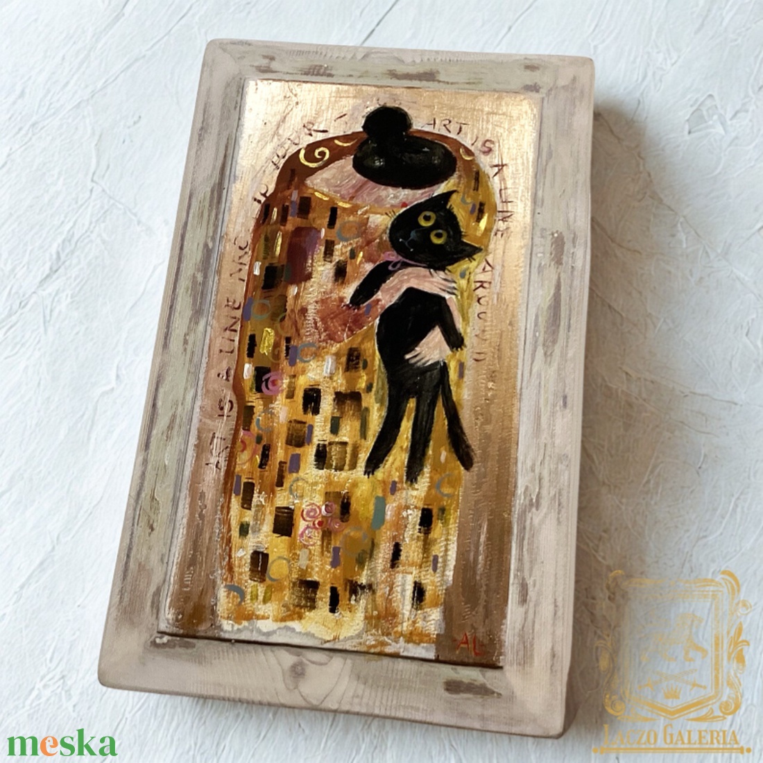 Hogy imádnám - Rusztikus Fatábla, Egyedi Falikép, Akril Festmény - Klimt után szabadon, Fekete macska, Cica - otthon & életmód - dekoráció - fali és függő dekoráció - falra akasztható dekor - Meska.hu