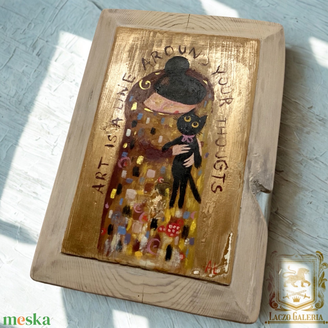 Hogy imádnám - Rusztikus Fatábla, Egyedi Falikép, Akril Festmény - Klimt után szabadon, Fekete macska, Cica - otthon & életmód - dekoráció - fali és függő dekoráció - falra akasztható dekor - Meska.hu