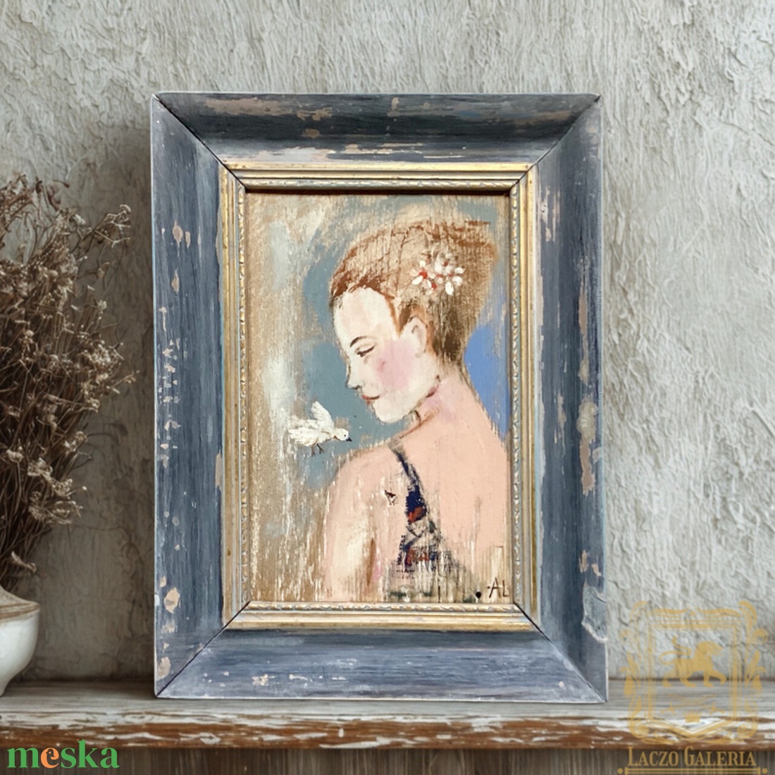 Csendes találkozás - Női portré  - Eredeti Akril festmény Szép régi fa keretben - Laczó Ágnes  - művészet - festmény - akril - Meska.hu