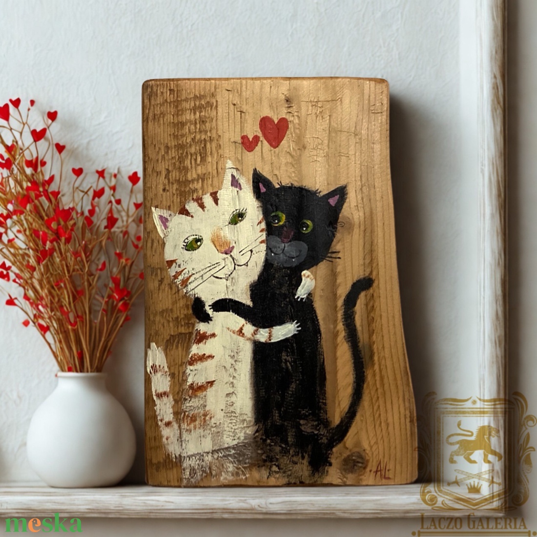 Cicák Valentin napja - Rusztikus Fatábla, Ajándék ötlet - Egyedi Falidísz, Macska, Cica, Valentin-nap - otthon & életmód - dekoráció - fali és függő dekoráció - falra akasztható dekor - Meska.hu