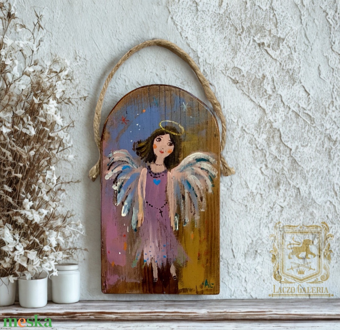 Lila ruhás angyal - Rusztikus Festett Fa, Dekoráció - Falra akasztható - Ajándék ötlet, Angyal - otthon & életmód - dekoráció - fali és függő dekoráció - függődísz - Meska.hu
