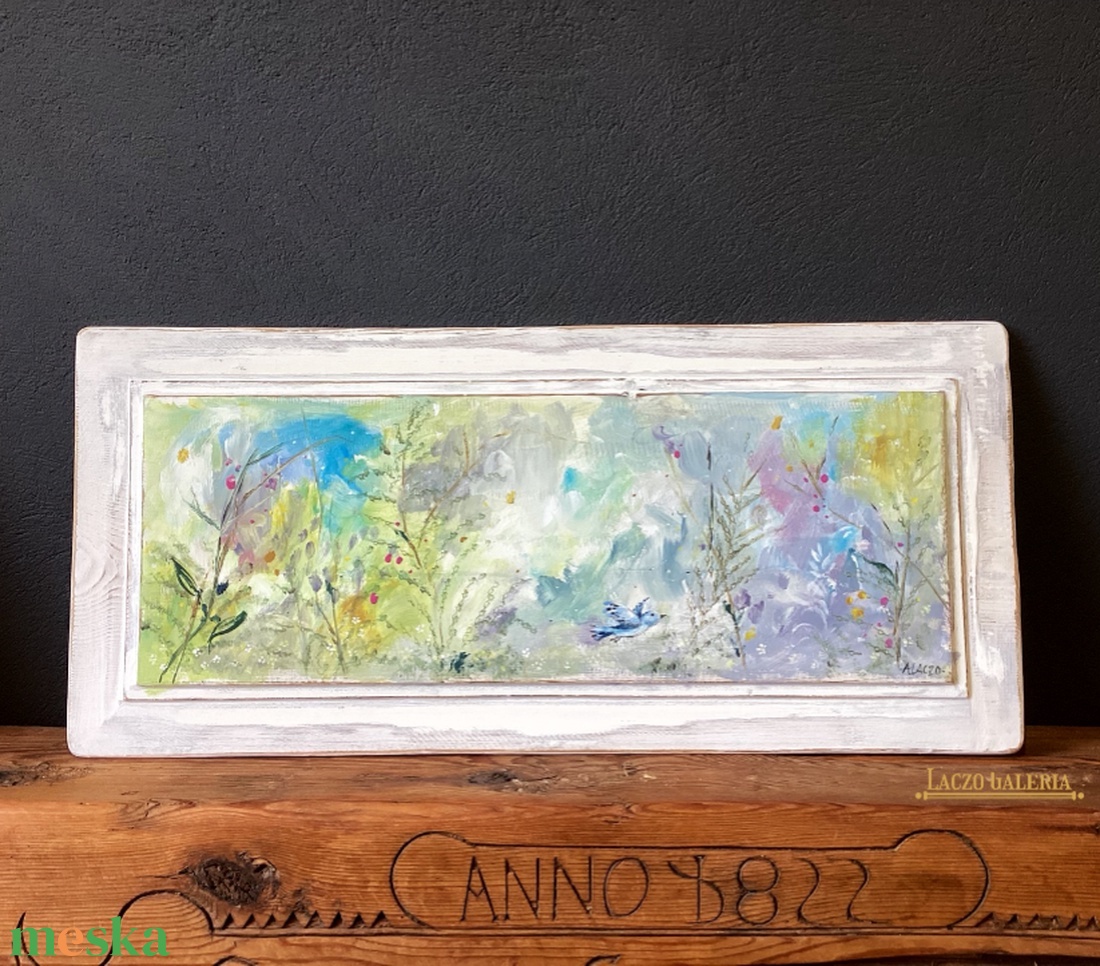 Szabad ég alatt - Rusztikus Fatábla, Egyedi Falikép, Akril Festmény - Virágok - Madár - otthon & életmód - dekoráció - fali és függő dekoráció - falra akasztható dekor - Meska.hu