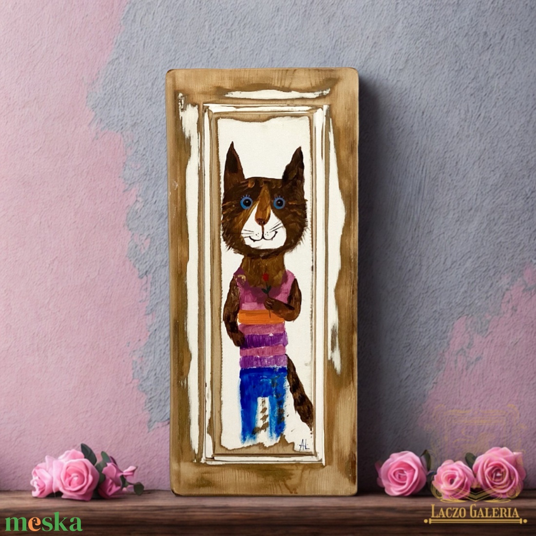 Egy szál virág - Rusztikus Fatábla, Egyedi Falikép, Akril Festmény - Virágok - Macska - Cica - otthon & életmód - dekoráció - fali és függő dekoráció - falra akasztható dekor - Meska.hu
