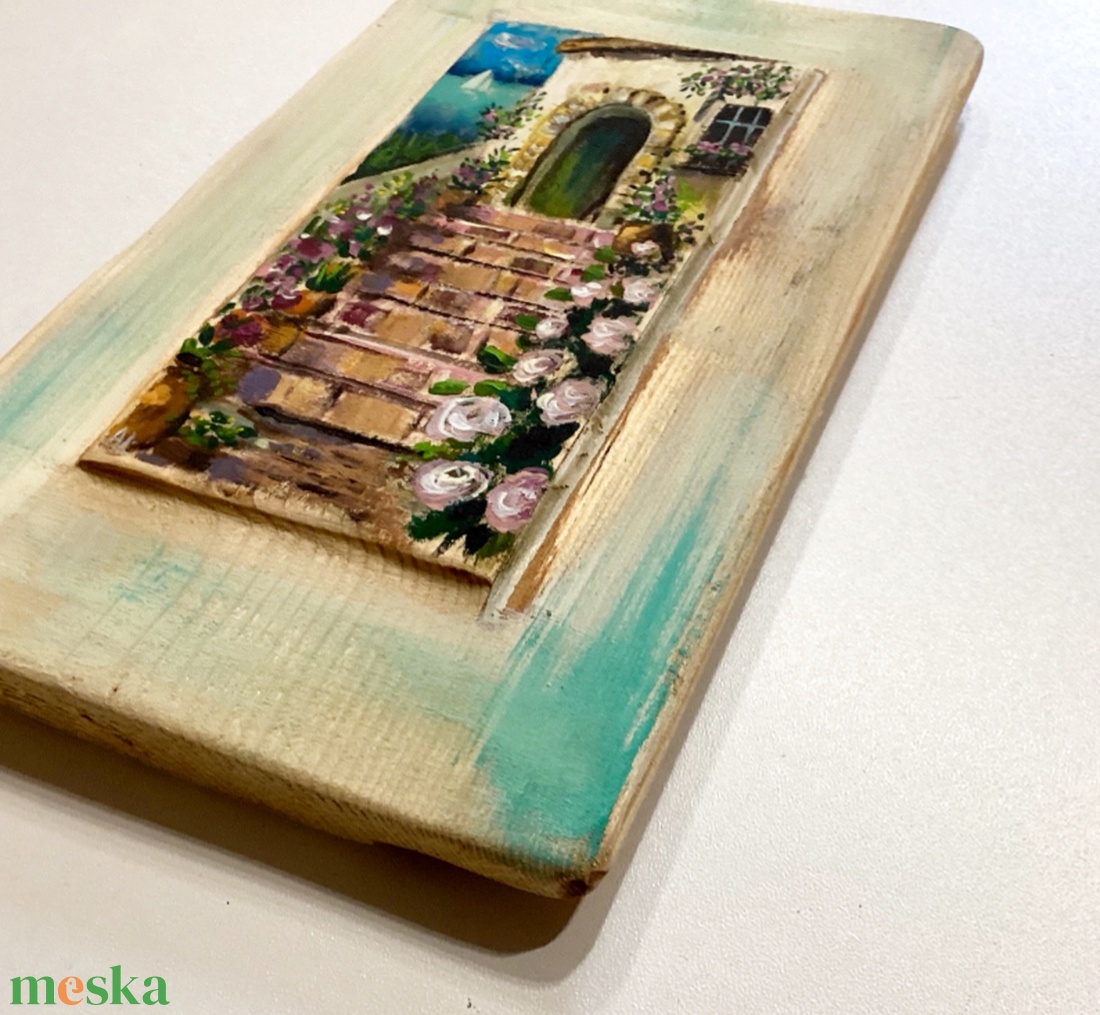 Tengerparti nyaraló - Ajándék ötlet, Rusztikus Dekoráció,  Fatábla, Tenger, Virágok, Vitorlás, Ház - otthon & életmód - dekoráció - fali és függő dekoráció - falra akasztható dekor - Meska.hu