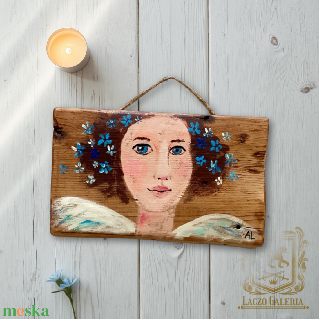 Búzavirág - Rusztikus Festett Fa,  Angyal - Falra akasztható - Ajándék ötlet - otthon & életmód - dekoráció - fali és függő dekoráció - függődísz - Meska.hu