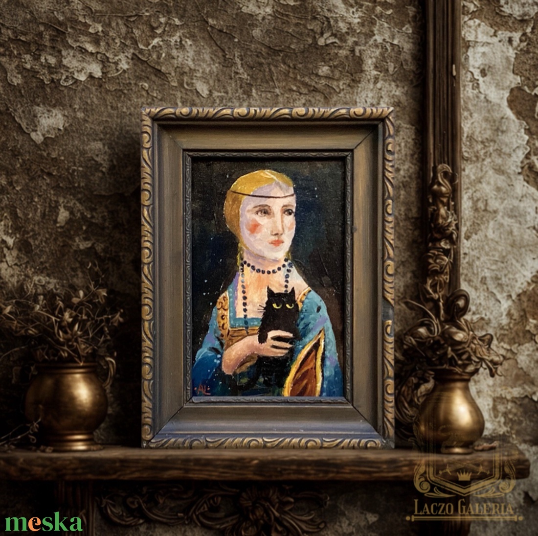 Kormi a hermet  - Eredeti Akril festmény Szép régi keretben - Kormi, Macska, cica - Laczó Ágnes  - művészet - festmény - akril - Meska.hu