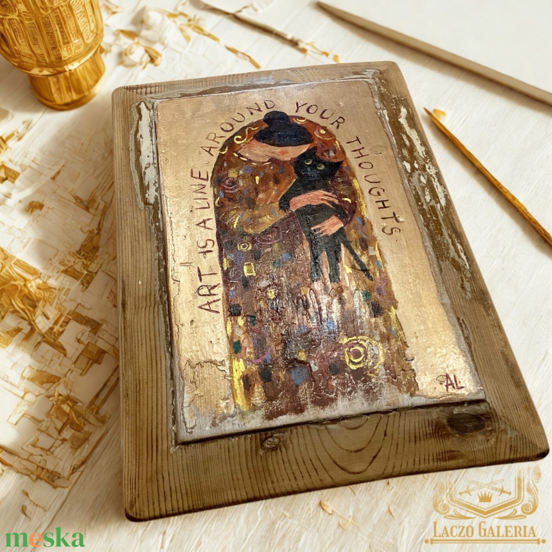 Hogy imádnám - Rusztikus Fatábla, Egyedi Falikép, Akril Festmény - Klimt után szabadon, Fekete macska, Cica - otthon & életmód - dekoráció - fali és függő dekoráció - falra akasztható dekor - Meska.hu