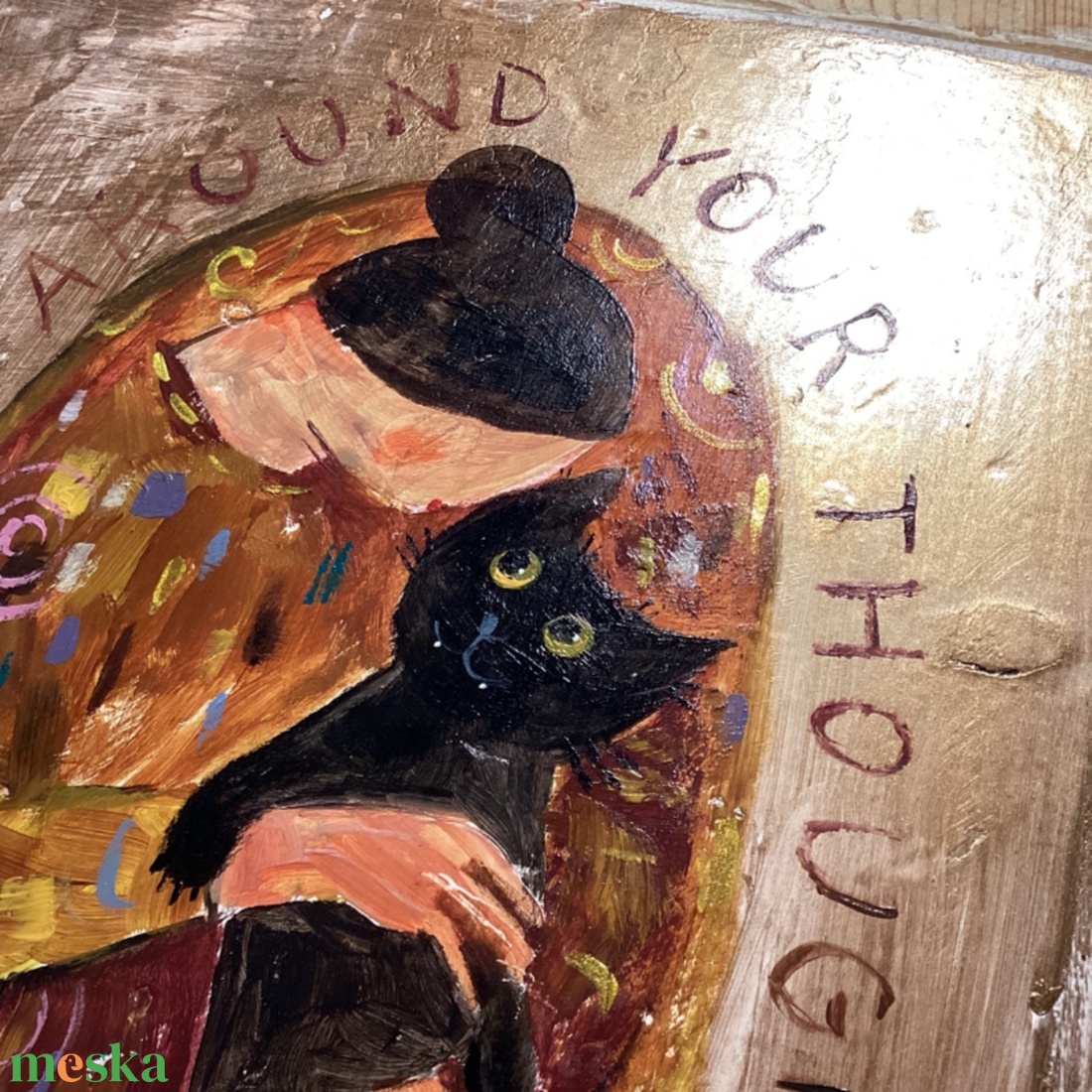 Hogy imádnám - Rusztikus Fatábla, Egyedi Falikép, Akril Festmény - Klimt után szabadon, Fekete macska, Cica - otthon & életmód - dekoráció - fali és függő dekoráció - falra akasztható dekor - Meska.hu