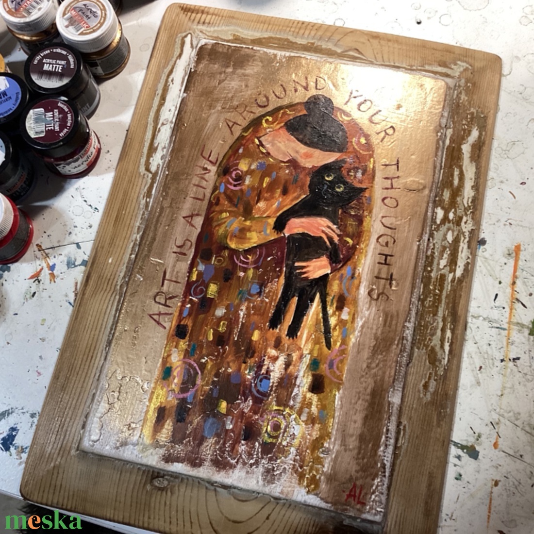 Hogy imádnám - Rusztikus Fatábla, Egyedi Falikép, Akril Festmény - Klimt után szabadon, Fekete macska, Cica - otthon & életmód - dekoráció - fali és függő dekoráció - falra akasztható dekor - Meska.hu