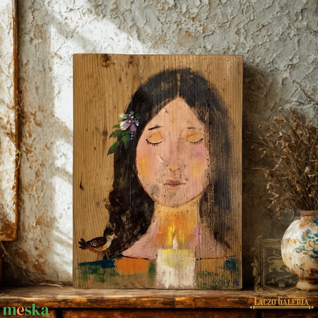 Gyertyaláng - Rusztikus Fatábla, Egyedi Falikép, Akril Festmény - Portré - otthon & életmód - dekoráció - fali és függő dekoráció - falra akasztható dekor - Meska.hu