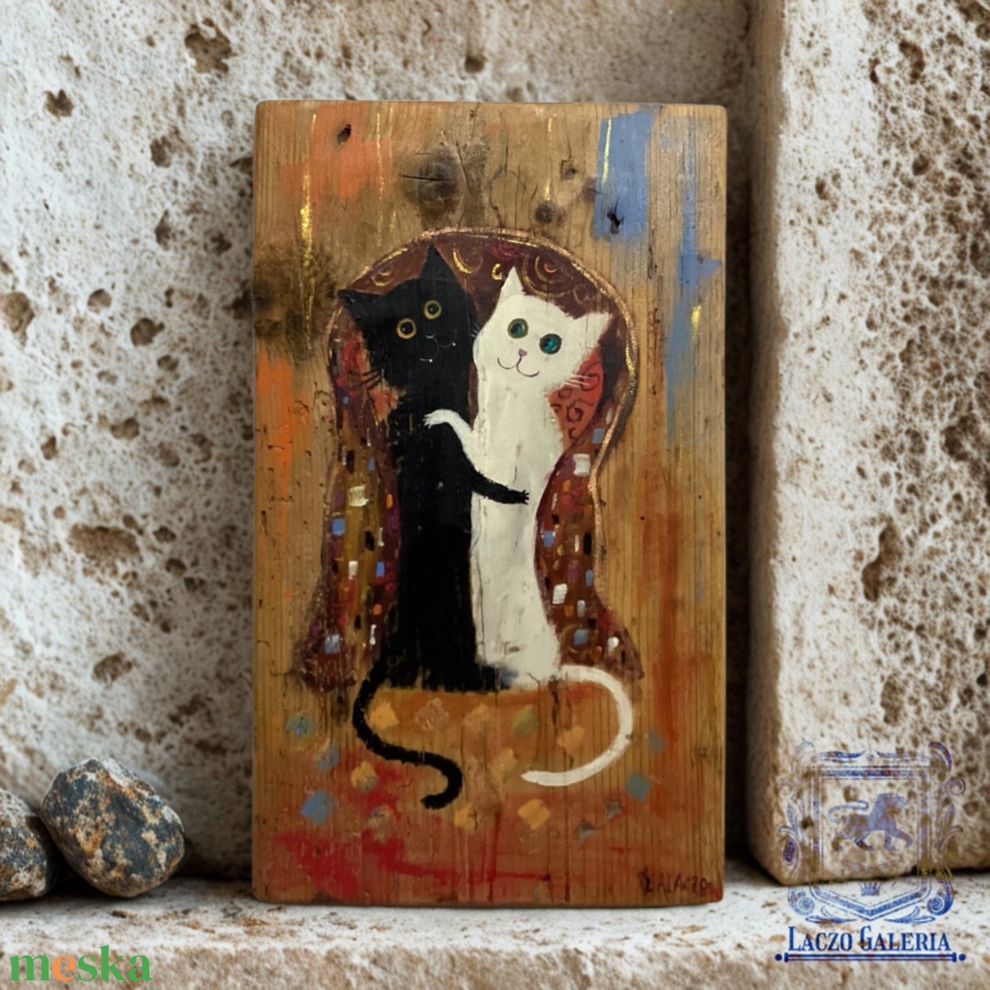 Ó, Lukrécia! - Rusztikus Fatábla, Egyedi Falikép, Akril Festmény - Klimt után szabadon, Fekete macska, Cica - otthon & életmód - dekoráció - fali és függő dekoráció - falra akasztható dekor - Meska.hu