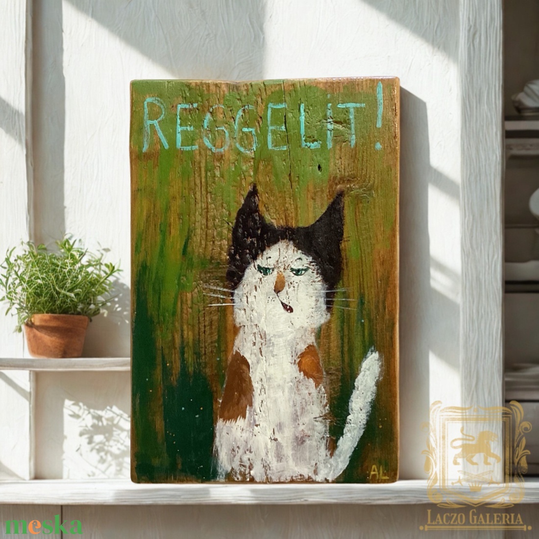 Reggelit! - Rusztikus Fatábla, Vicces Ajándék ötlet - Egyedi Falidísz, Konyha, Macska, Cica - otthon & életmód - dekoráció - fali és függő dekoráció - falra akasztható dekor - Meska.hu
