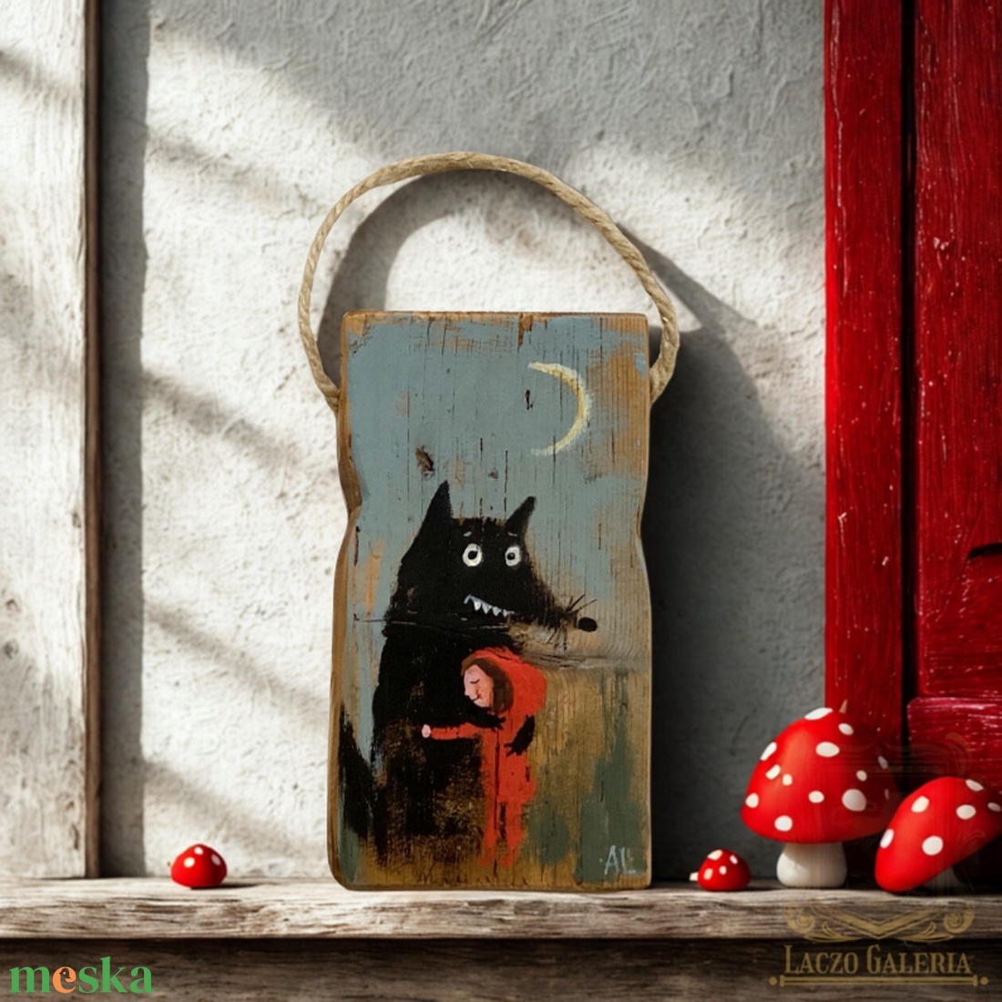 Szereti, meg nem eszi - Rusztikus Festett Fatábla - Piroska és a Farkas, Falra akasztható - Ajándék ötlet - Gyerekszoba - otthon & életmód - dekoráció - fali és függő dekoráció - függődísz - Meska.hu