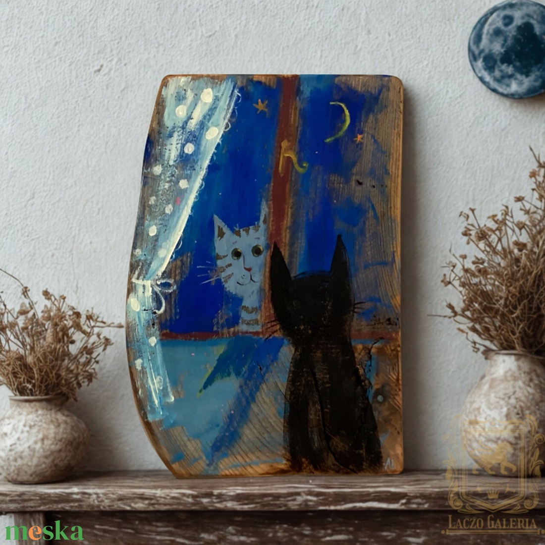 Gyere Kormi, hív az este! - Rusztikus Fatábla, Ajándék ötlet - Egyedi Falidísz - Macska, Cica, Fekete macska - otthon & életmód - dekoráció - fali és függő dekoráció - falra akasztható dekor - Meska.hu