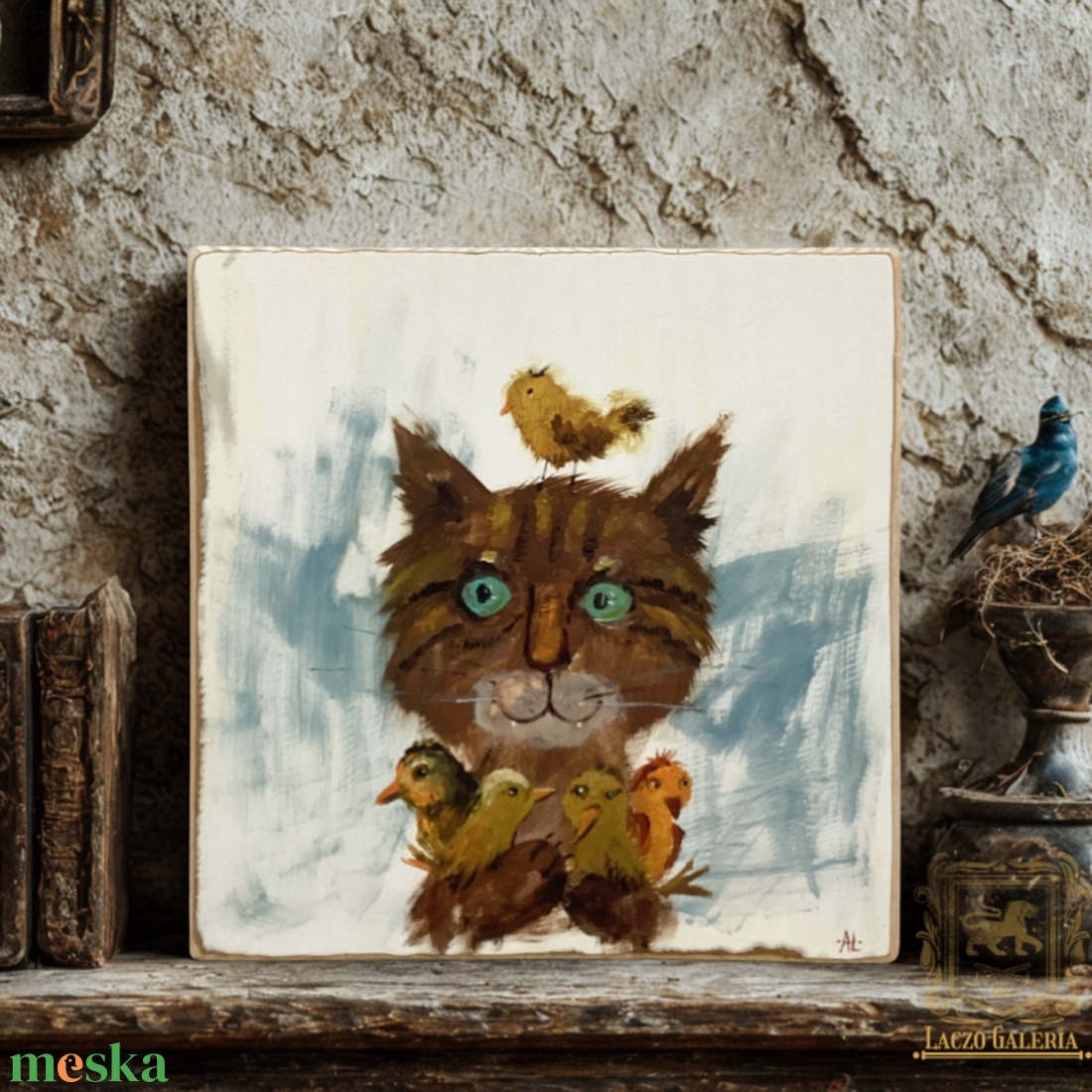 Kópé macska - Laczó Ágnes kortárs festő/grafikus művész- Eredeti Akril Festmény rusztikus fán, Madarak - otthon & életmód - dekoráció - kép & falikép - fából készült kép - Meska.hu