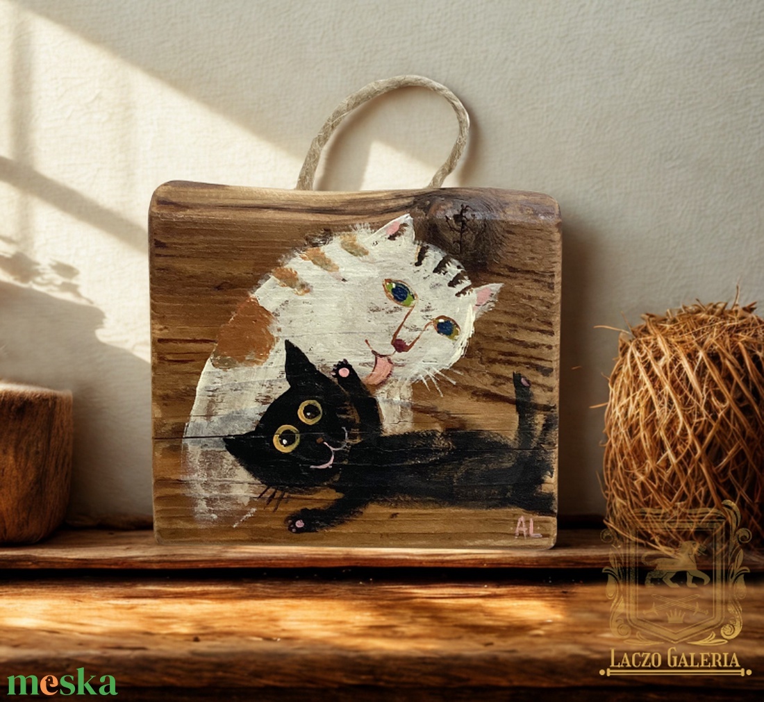 Reggeli mosdatás - Rusztikus Fatábla, Egyedi Falikép, Akril Festmény - Macska - Cica - Kormos - otthon & életmód - dekoráció - fali és függő dekoráció - falra akasztható dekor - Meska.hu